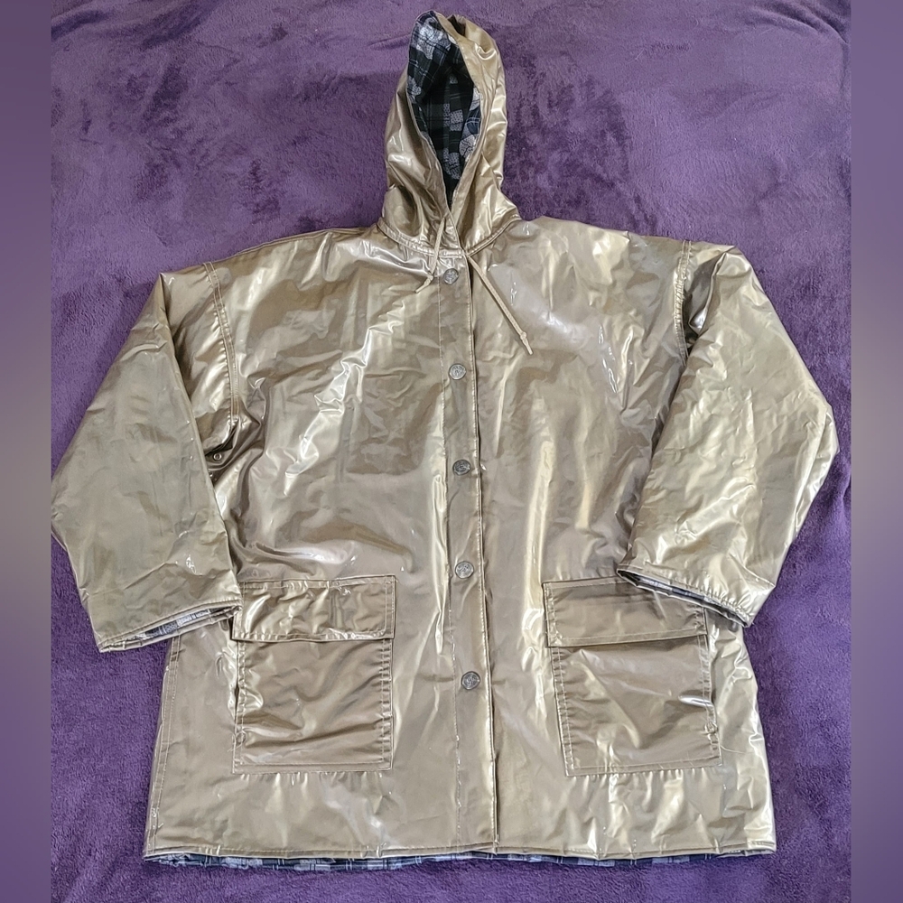 Gold Vinyl Raincoat Vintage Wippette Waterproof Hooded Coat Jacket Large